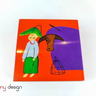 Orange square lacquer box hand painted with folk themes